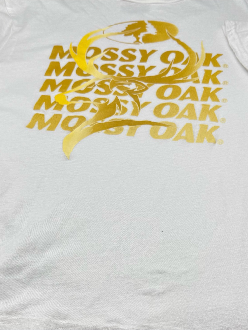 Mossy Oak White Tee with Gold and light Gold logo size large for women